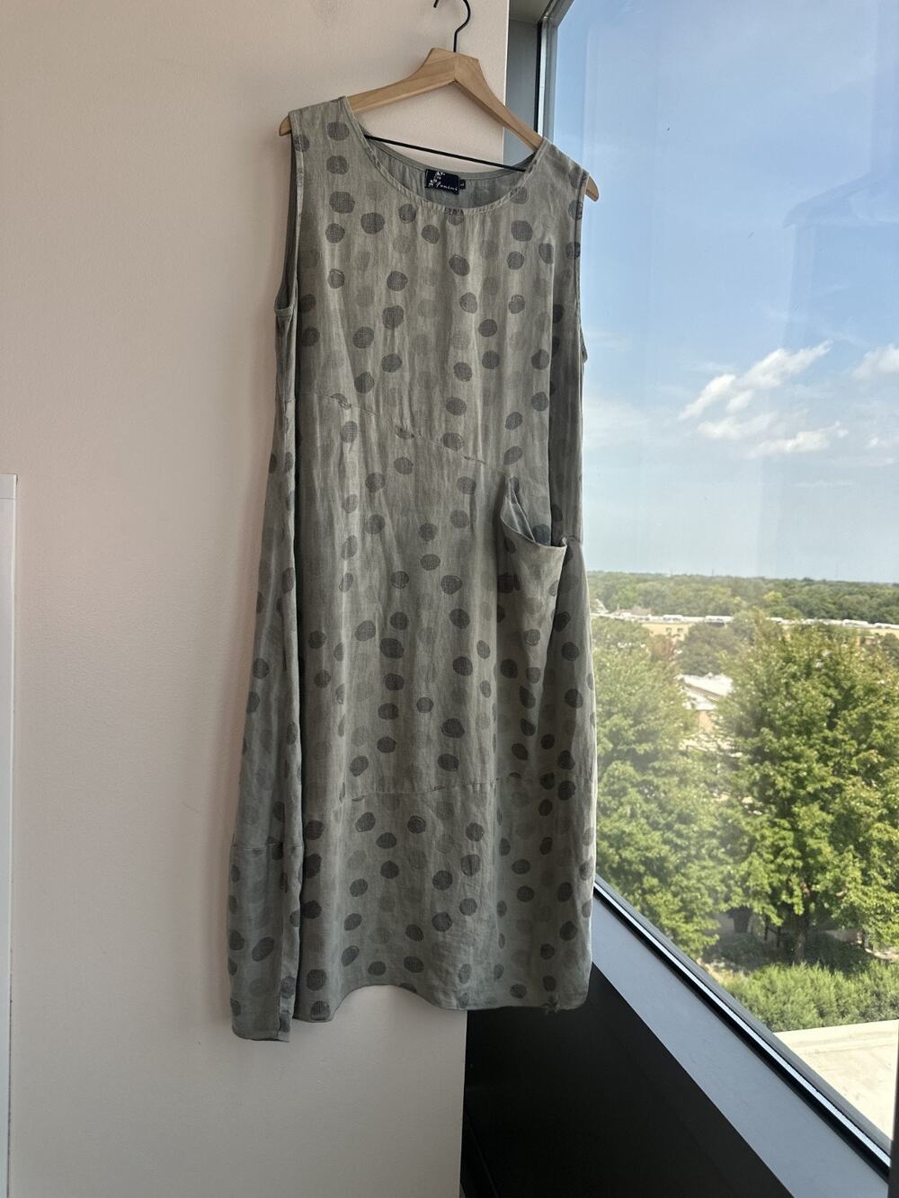 Fenini 100% Linen Sleeveless Relaxed Lagenlook Polkadot Green Dress Sz L